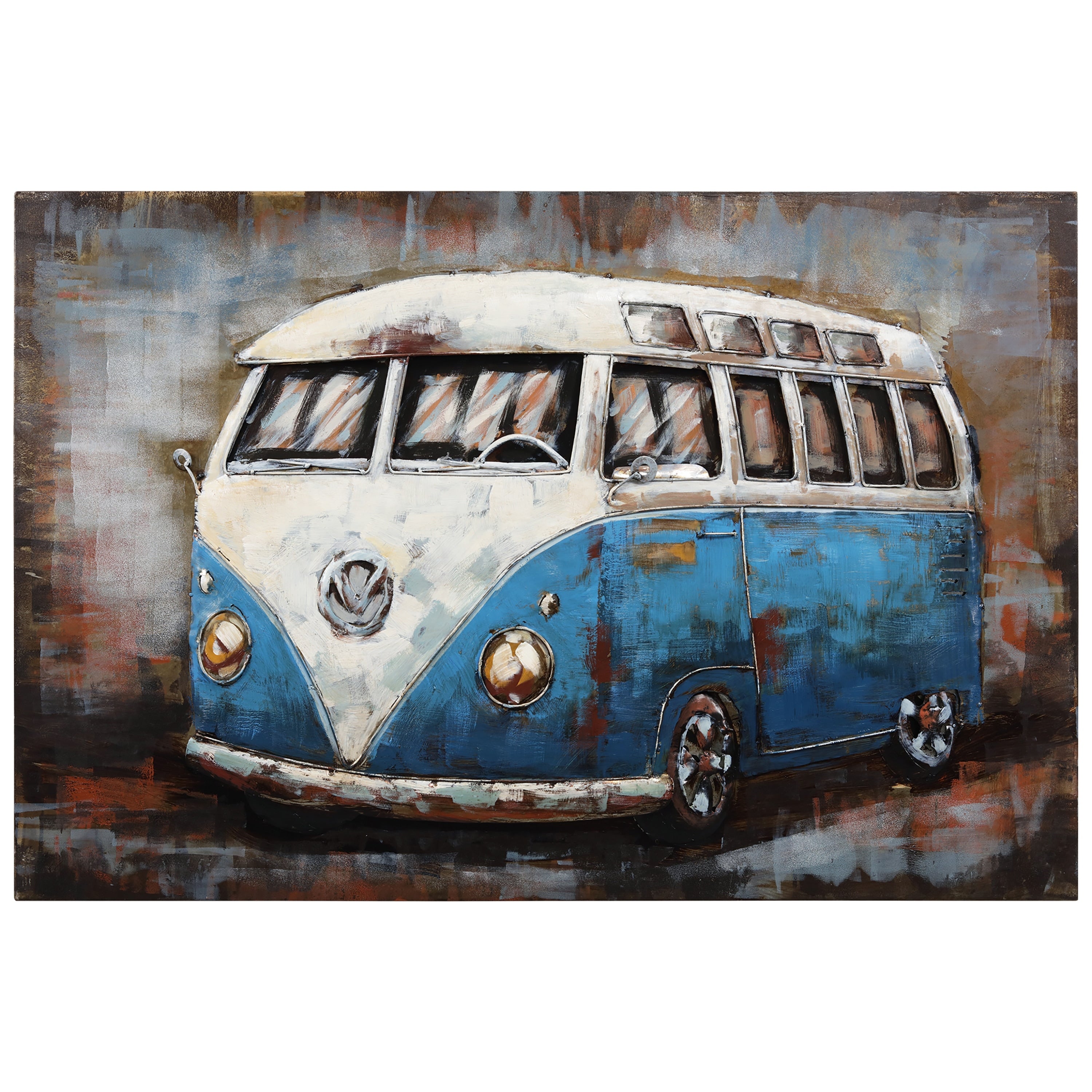 Blue Bus Mixed Media Iron Hand-Painted 3D Wall Art - Vintage Style Home Decor for Living Room, Bedroom & Office