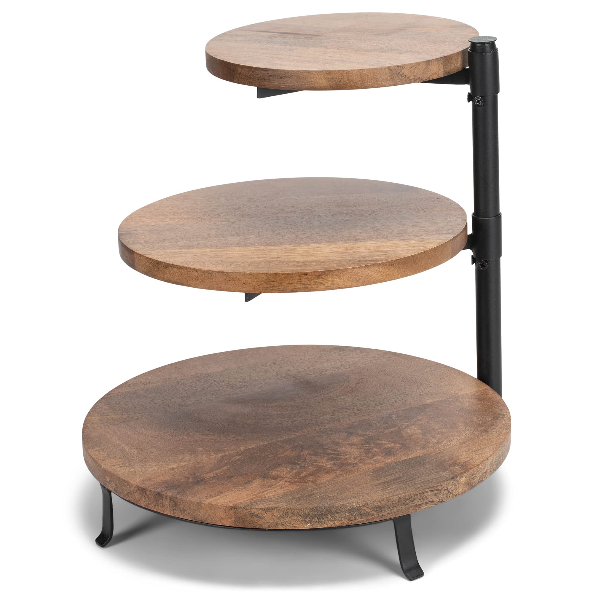 Demdaco 3-Tier Mango Wood & Iron Serving Stand - 12.5 x 13 Inches Rustic Brown Decorative Display Tray for Kitchen, Dining Table, or Party Dessert Presentation