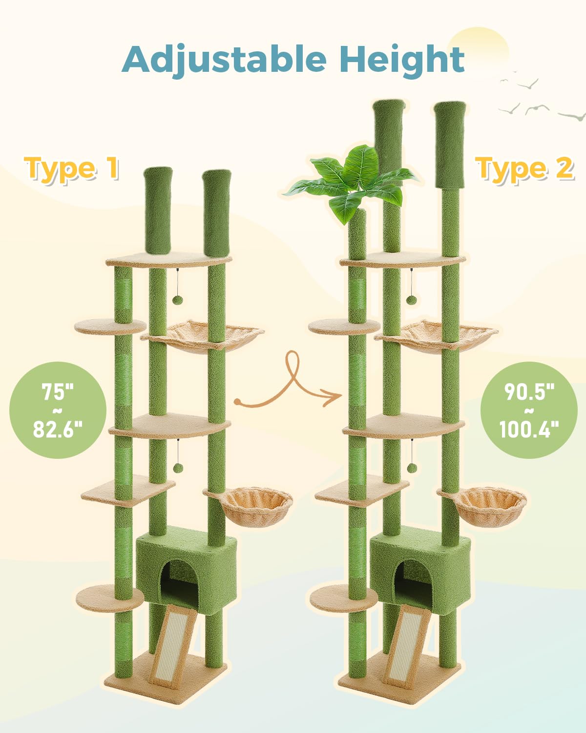 PAWZ Road 7.5ft Adjustable Cat Tree with Hammock, Condo & Toys - Multi-Level Cat Tower with Scratching Posts for Indoor Cats - Perfect for Small Spaces & Multi-Cat Homes (Green)