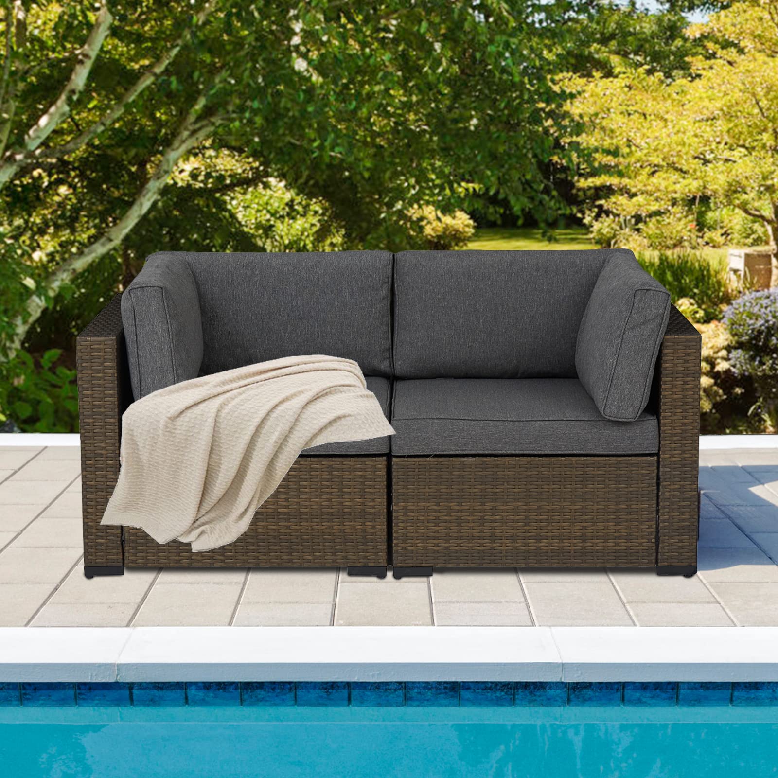 Kinbor Patio Loveseat - 2-Piece Outdoor Wicker Conversation Set with Removable Cushions, Dark Grey Balcony Furniture for Garden, Deck, Porch | Perfect for Relaxing, Entertaining & Outdoor Lounging