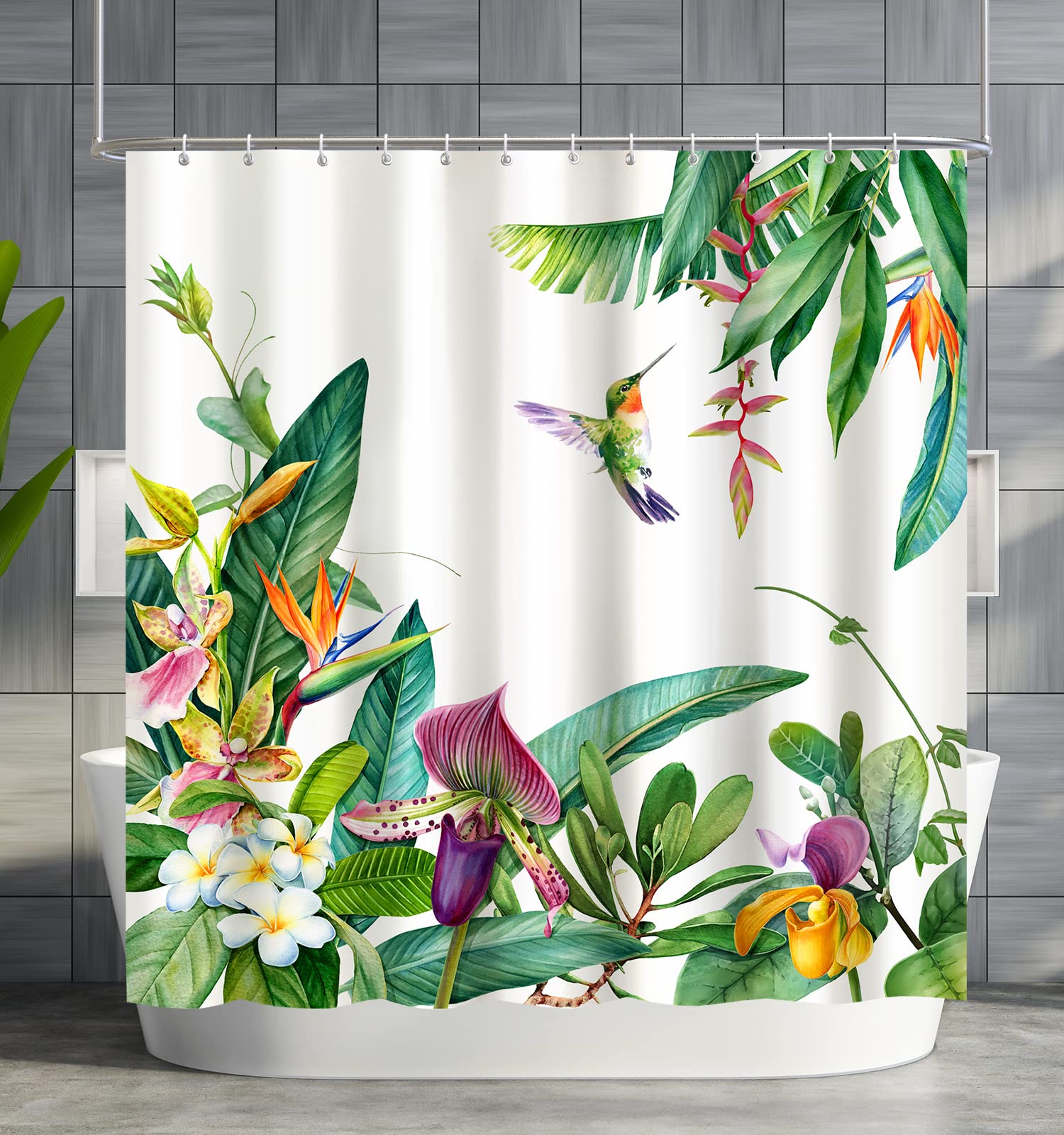Green Plants & Hummingbird Waterproof Polyester Shower Curtain Set - 72x72 Inches Quick-Drying Bathroom Decor with 12 Hooks, Machine Washable - Perfect for Spring Refresh, Farmhouse or Nature-Themed Bathrooms
