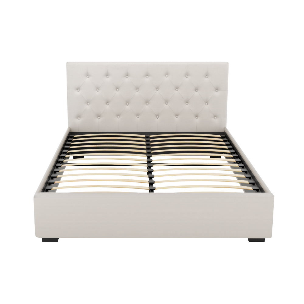 Dorilla Gas Lift Storage Queen Bed Frame with Hydraulic System - Beige Upholstered Platform Bed for Small Spaces, Guest Rooms & Apartments