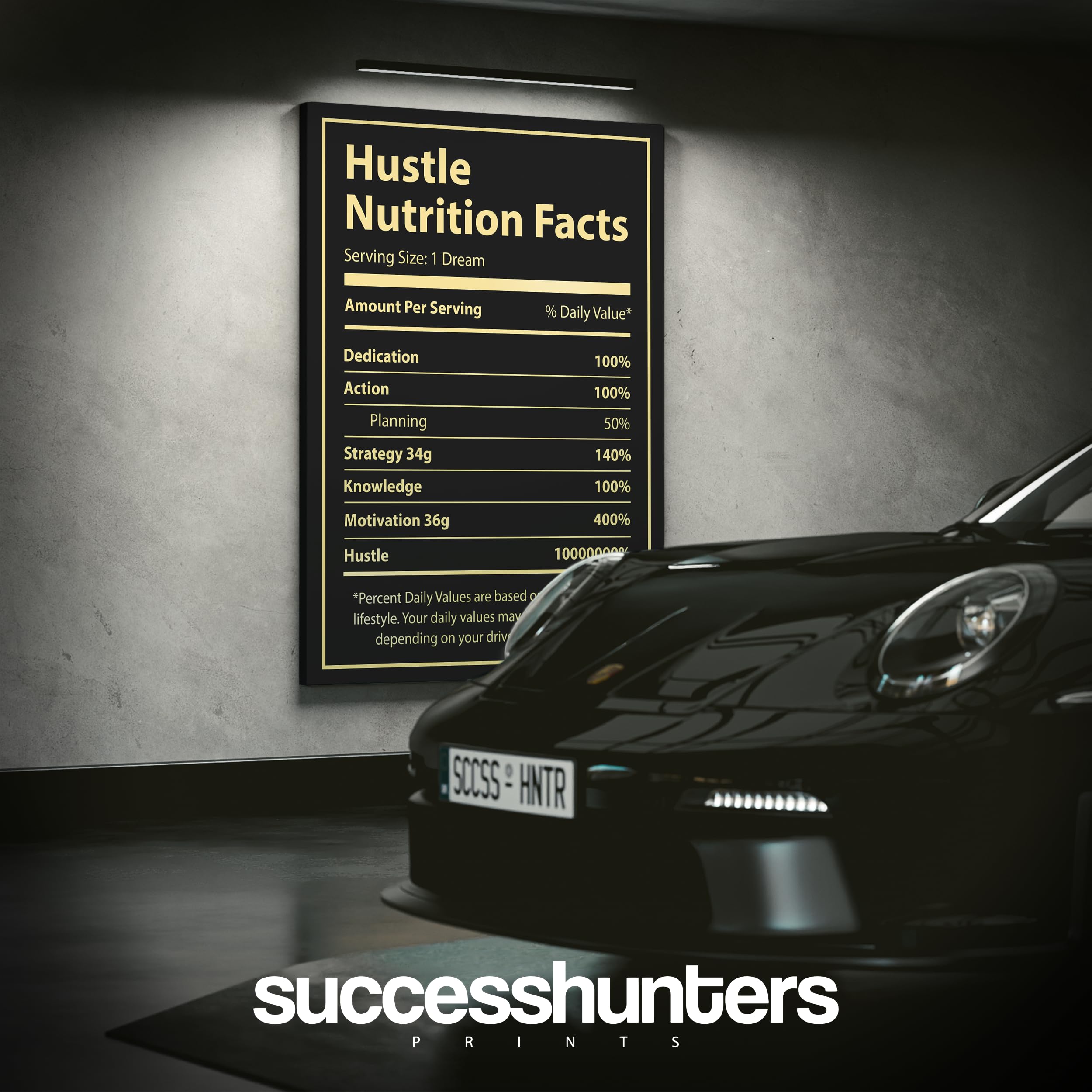 Hustle Nutrition Facts Motivational Wall Art - 48x36 Inch Inspirational Office & Bedroom Decor - Success Quote Canvas Poster for Home, Gym & Workspace Motivation