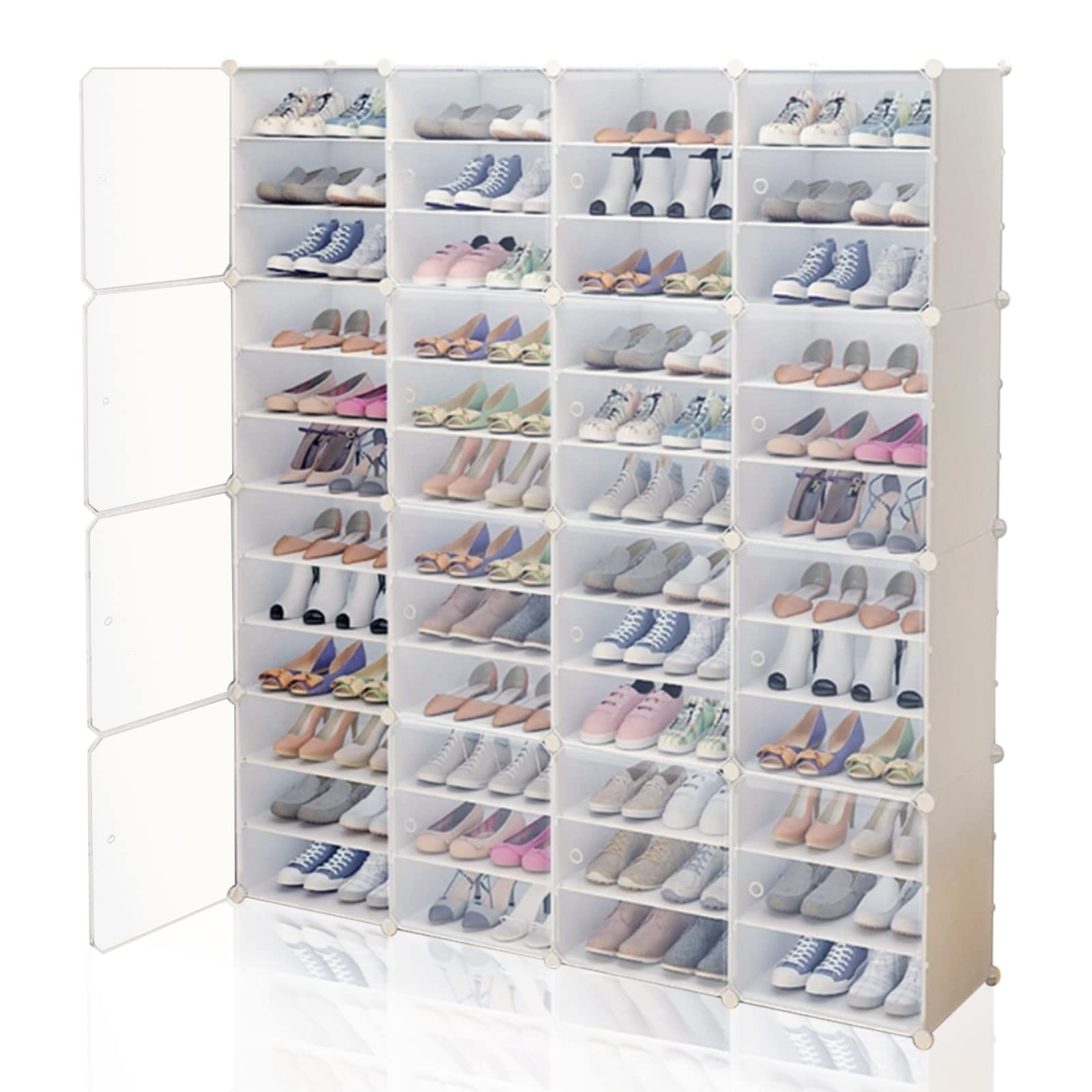 96 Pairs Expandable Shoe Rack Organizer - White Plastic DIY Shoe Cabinet with Transparent Cover, Free Standing Closet Storage for High Heels, Boots & Sneakers | Perfect for Bedroom, Closet & Entryway Organization