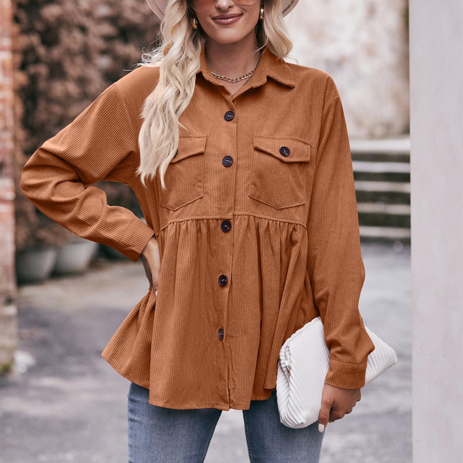 TICIFEN Women's Corduroy Shirt - Long Sleeve Button Down Blouse, Cute Peplum Babydoll Tunic Dress Shirt & Loose Jacket Shacket for Casual Outfits, Workwear & Fall Fashion