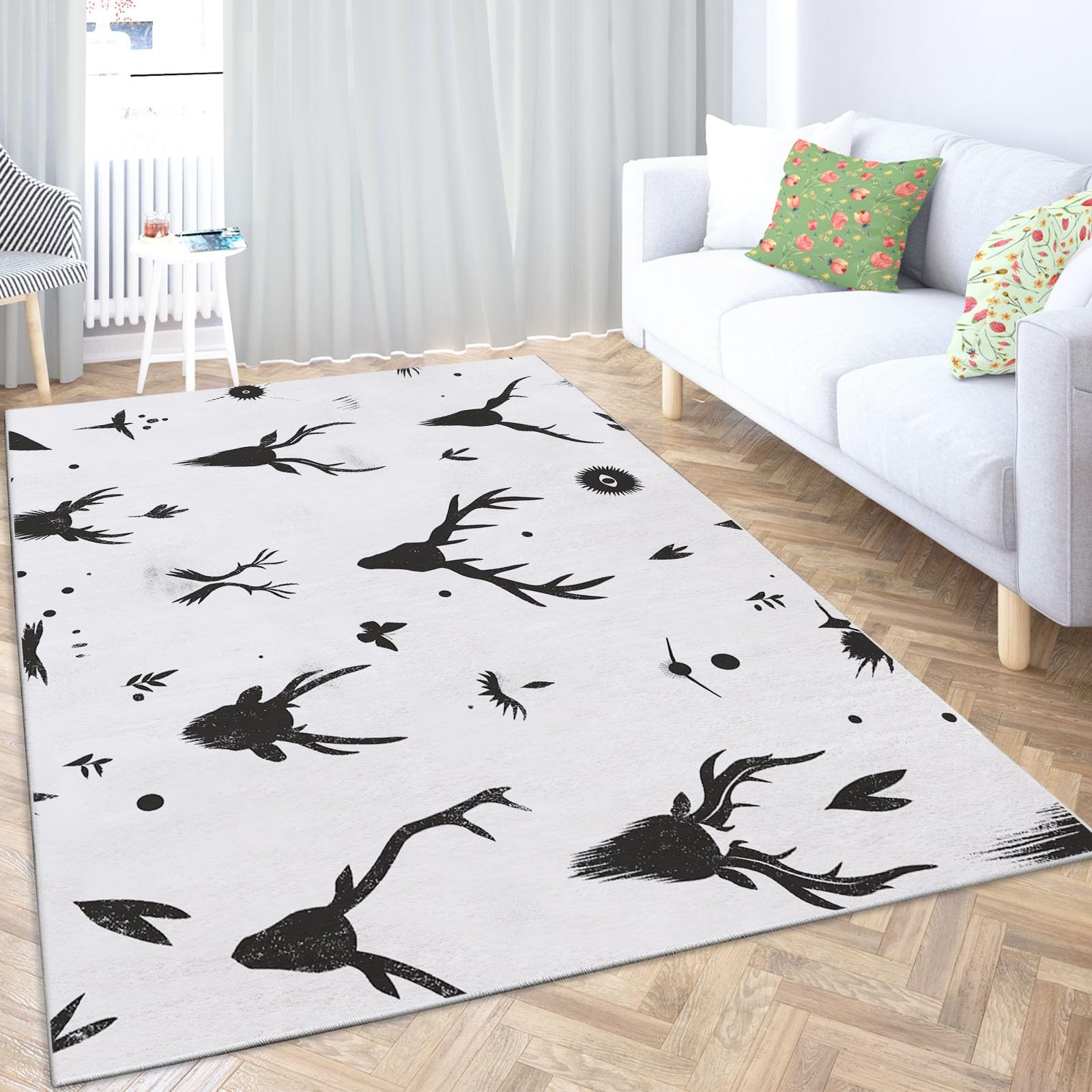 Viking Themed Animal Antlers Print Non-Slip Area Rug - Soft Low Pile Machine Washable Indoor Carpet for Living Room & Bedroom - 5x8 Feet Home Decor - Perfect for Nordic Style Home & Cabin Decor
