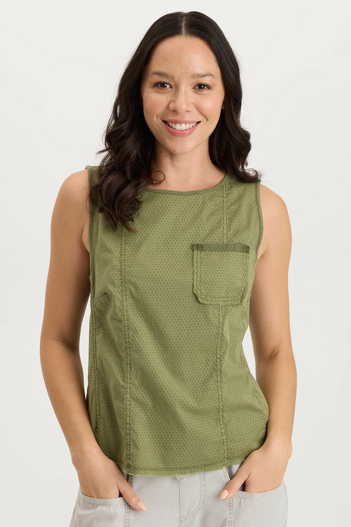 Landis Perforated Poplin & Jersey Pocket Tank Top - Breathable Summer Casual Tee for Women | Perfect for Beach, Gym, and Everyday Wear