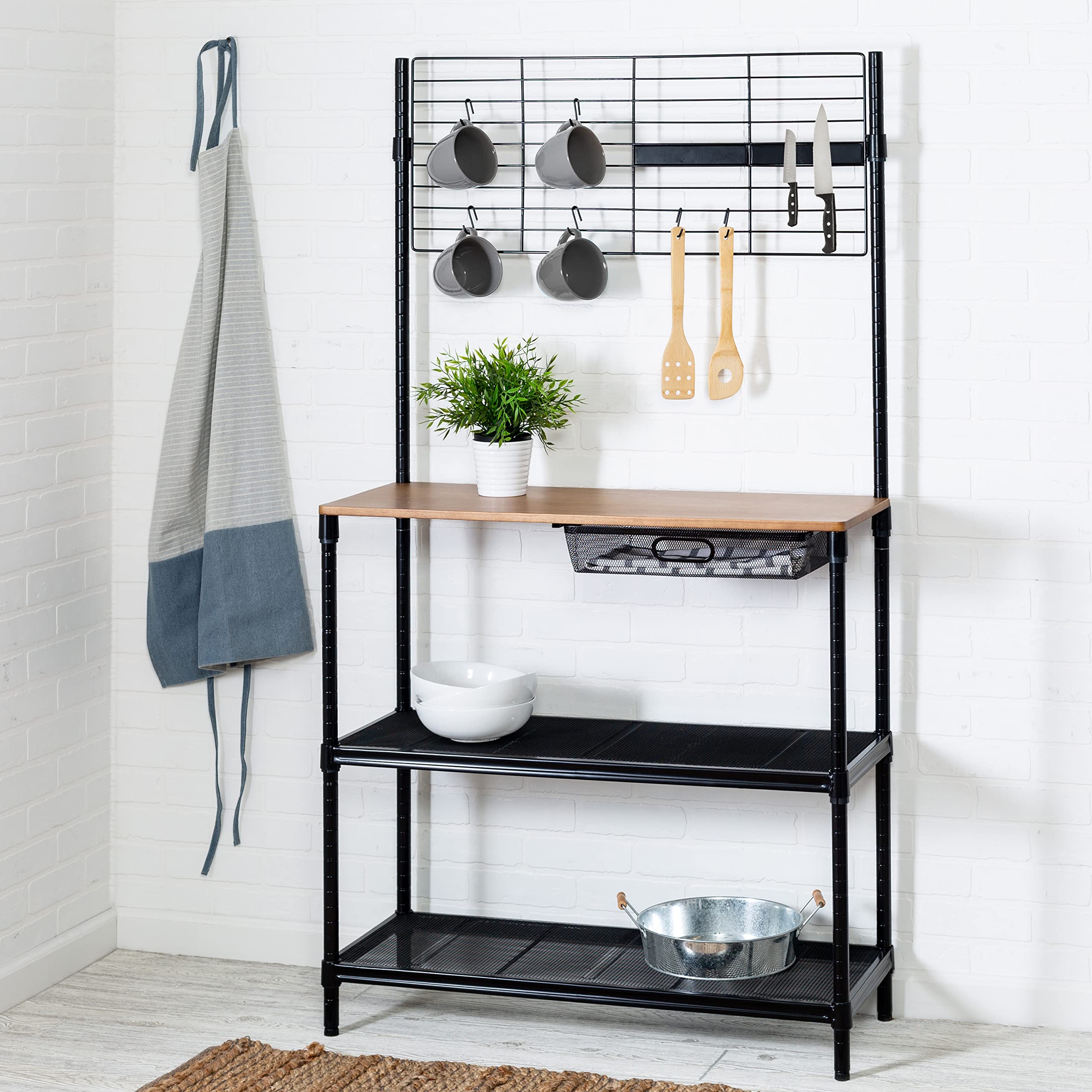 Honey-Can-Do Black Kitchen Bakers Rack - Heavy Duty 450 lbs Capacity - Perfect for Organizing Baking Supplies, Cookware & Small Appliances in Home Kitchen or Bakery