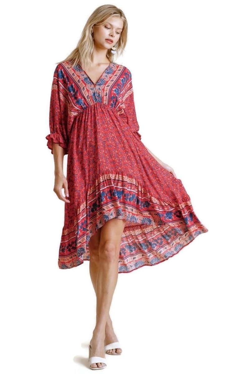 Umgee Women's Mixed Print High Low Midi Dress - Red Floral Summer Dress for Casual Wear, Beach Vacation & Date Night Outfits