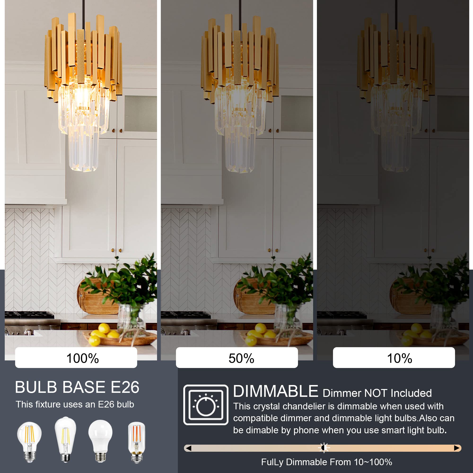 Luxury Gold Crystal Pendant Light - Modern Mini Chandelier for Dining Room, Bedroom, Kitchen & Living Room - Elegant Ceiling Lighting Fixture Set of 3 - Perfect for Home Decor, Wedding & Restaurant Ambiance