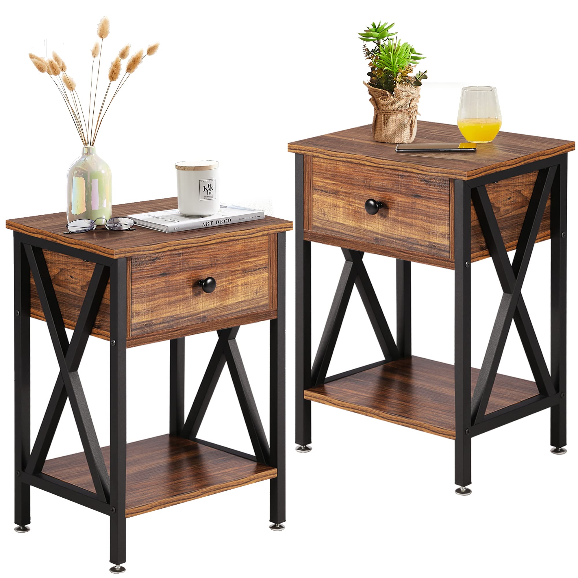 VECELO Set of 2 X-Design Nightstands with Storage Shelf & Drawer - Vintage Brown End Tables for Bedroom & Living Room | Perfect for Small Spaces, Apartment Decor & Nightstand Organization