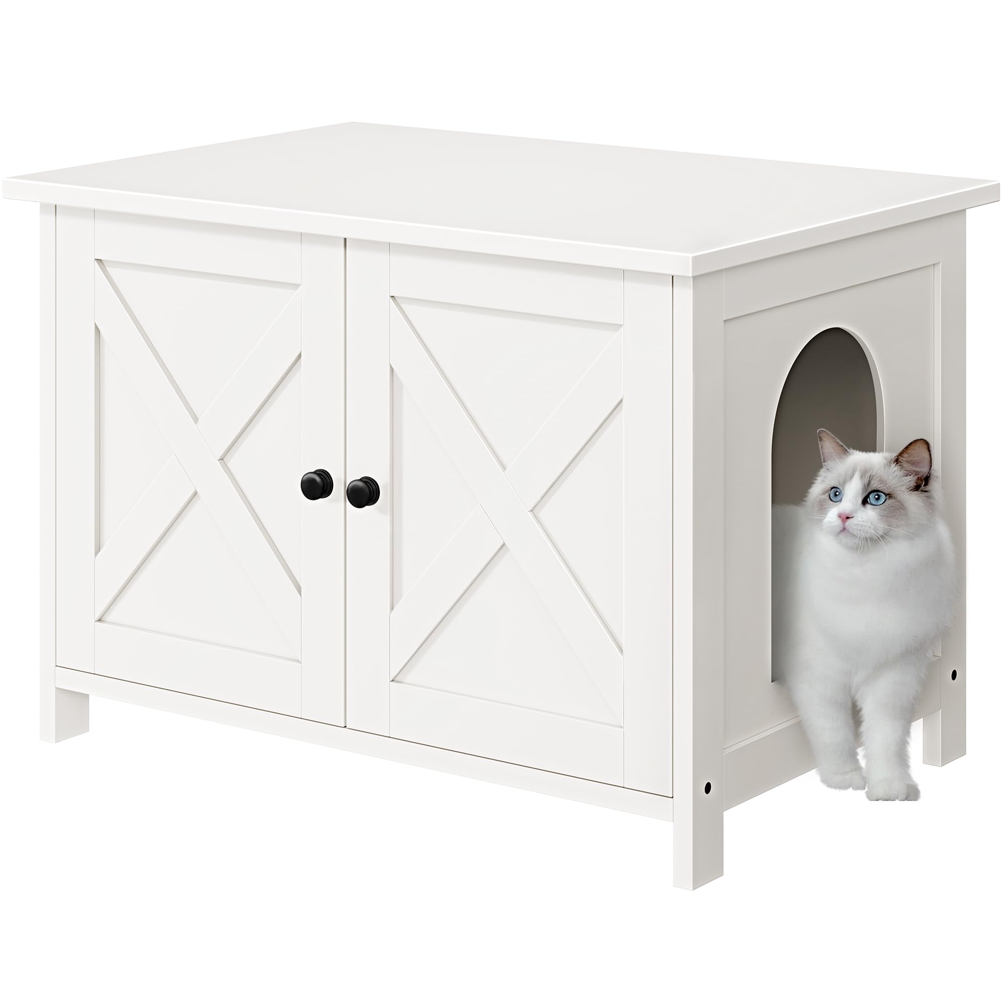 Wooden Cat Litter Box Enclosure with Barn Door - Hidden Litter Box Furniture for Cats, White - Fits Most Litter Boxes | Perfect for Home, Apartment & Pet-Friendly Spaces
