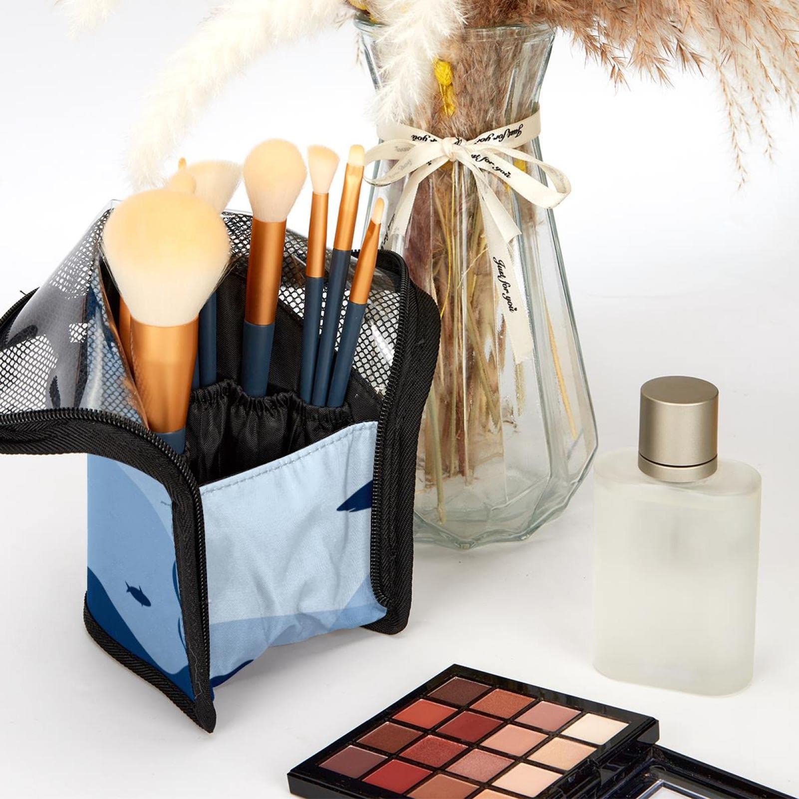 Premium Makeup Brush Organizer Bag with 12 Brushes - Devilfish & Shark Octopus Design - Portable Cosmetic Brush Holder Case for Travel & Home Storage
