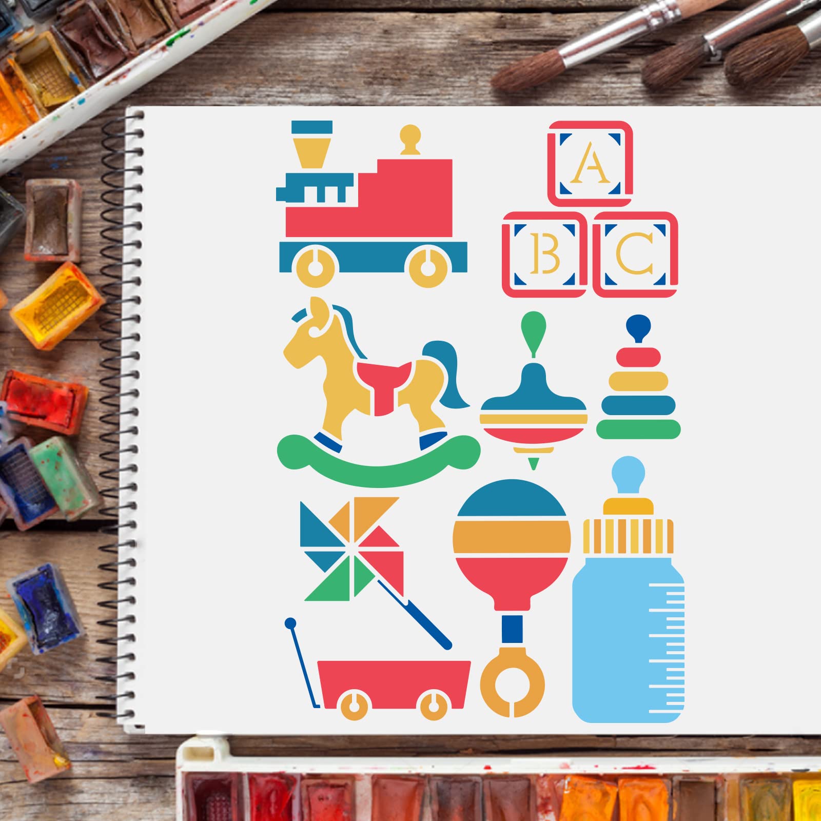 FINGERINSPIRE 4-Piece Baby Theme Stencil Set - 11.6x8.3 Inch Reusable Plastic Templates for Bottle, Stroller, Wood, Floor & Wall Painting | DIY Nursery Decor, Baby Shower Crafts & Home Art Projects