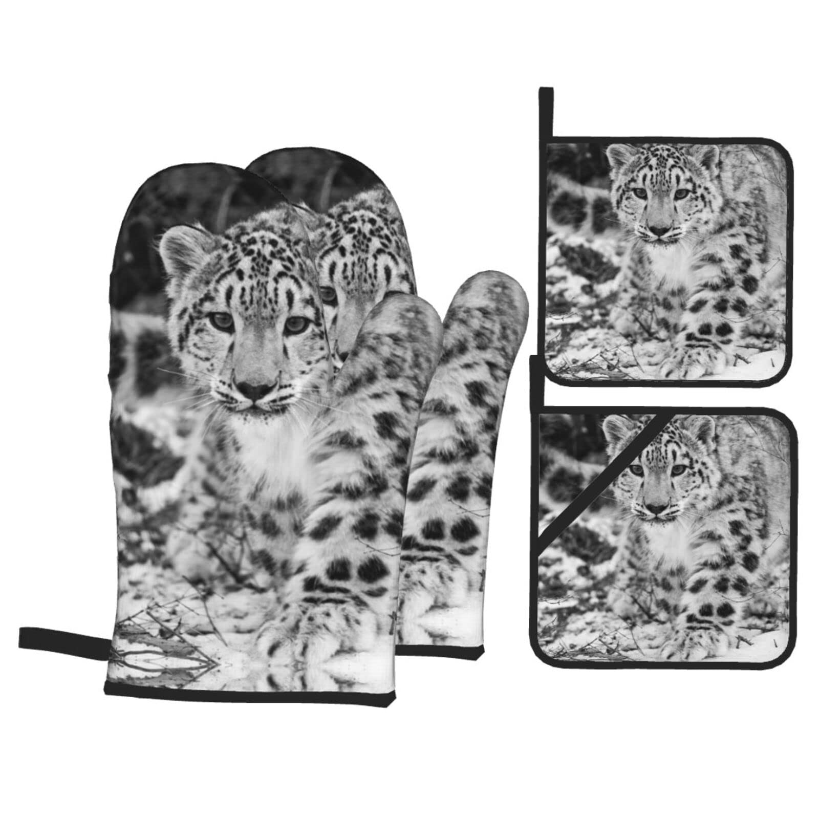 Heat Resistant Snow Leopard Oven Mitts & Pot Holders - 500°F Safe for Baking, Cooking, BBQ - Non-Slip Kitchen Gloves for Baking, Grilling, Roasting & Food Handling