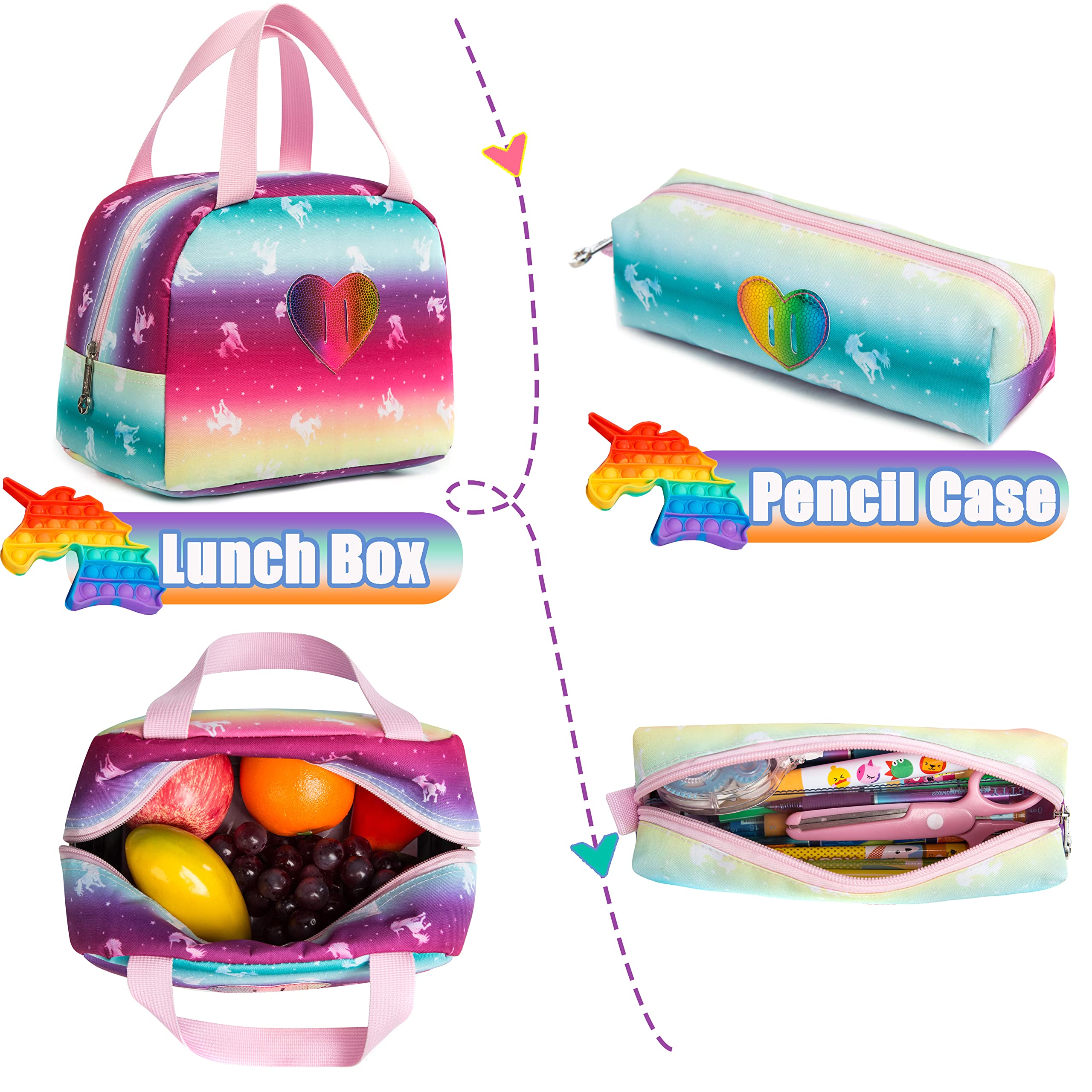 Meetbelify Unicorn Rolling Backpack for Girls - Wheeled School Backpack with Lunch Box & Pencil Case for Elementary Students - Perfect for Travel, School Trips & Daily Commute