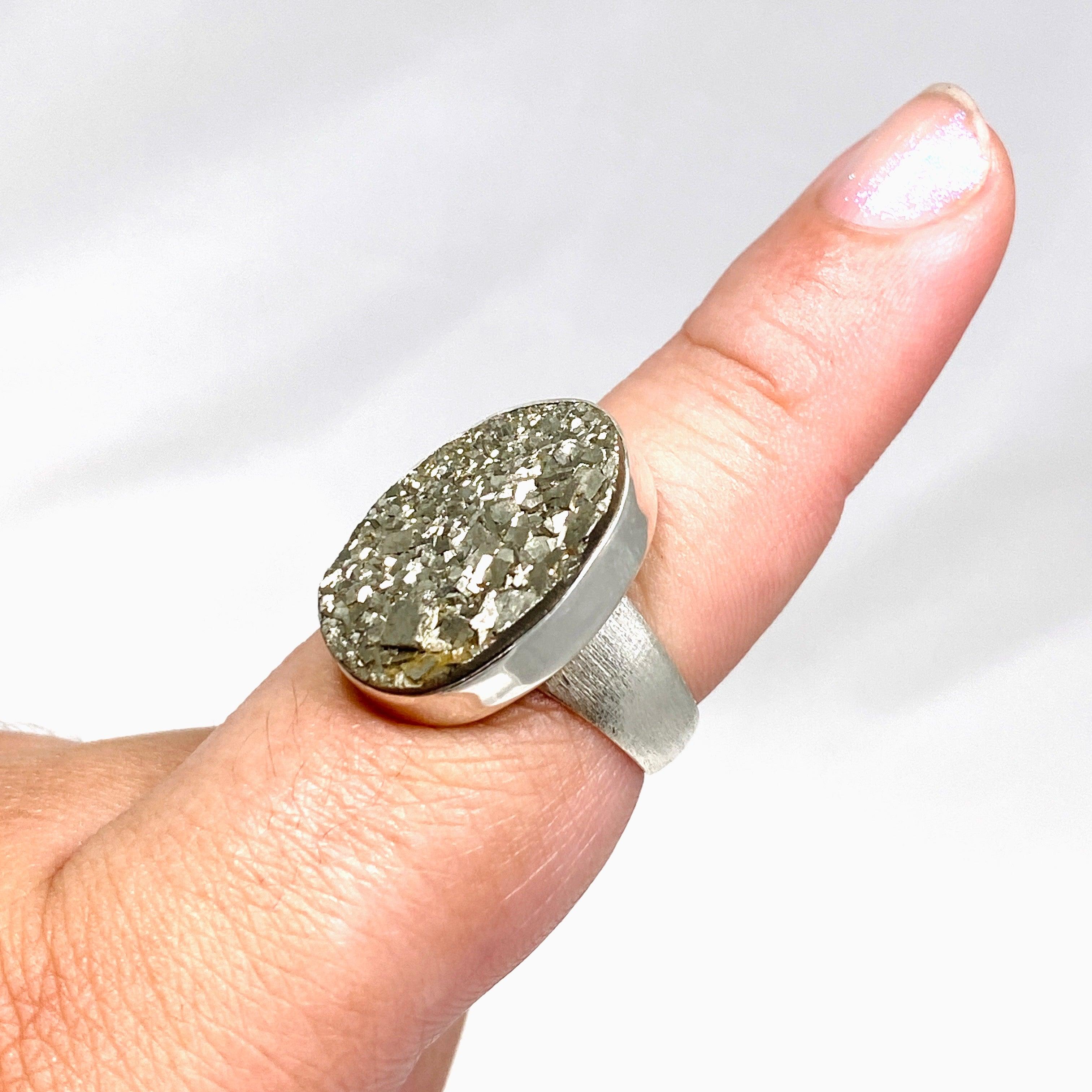 Natural Pyrite Raw Oval Ring with Brushed Silver Band - Size 9 - KRGJ3194 - Perfect for Boho Jewelry Lovers & Crystal Healing Enthusiasts