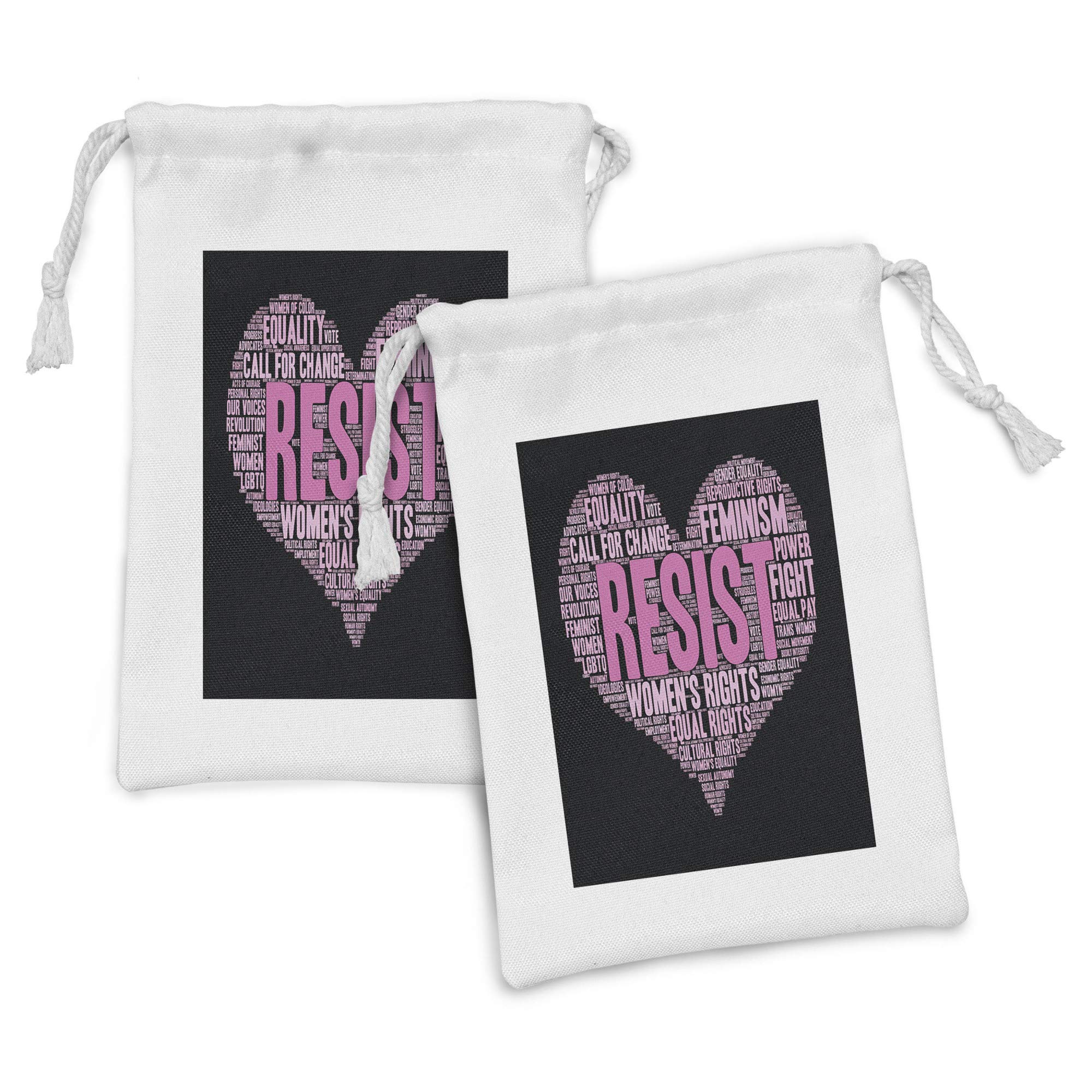 Ambesonne Feminist Fabric Pouch Set of 2 - Heart Shaped Collage with Empowering Phrases for Gender Equality & Social Awareness | Small Drawstring Bags for Toiletries, Makeup, Jewelry & Travel Essentials | 9