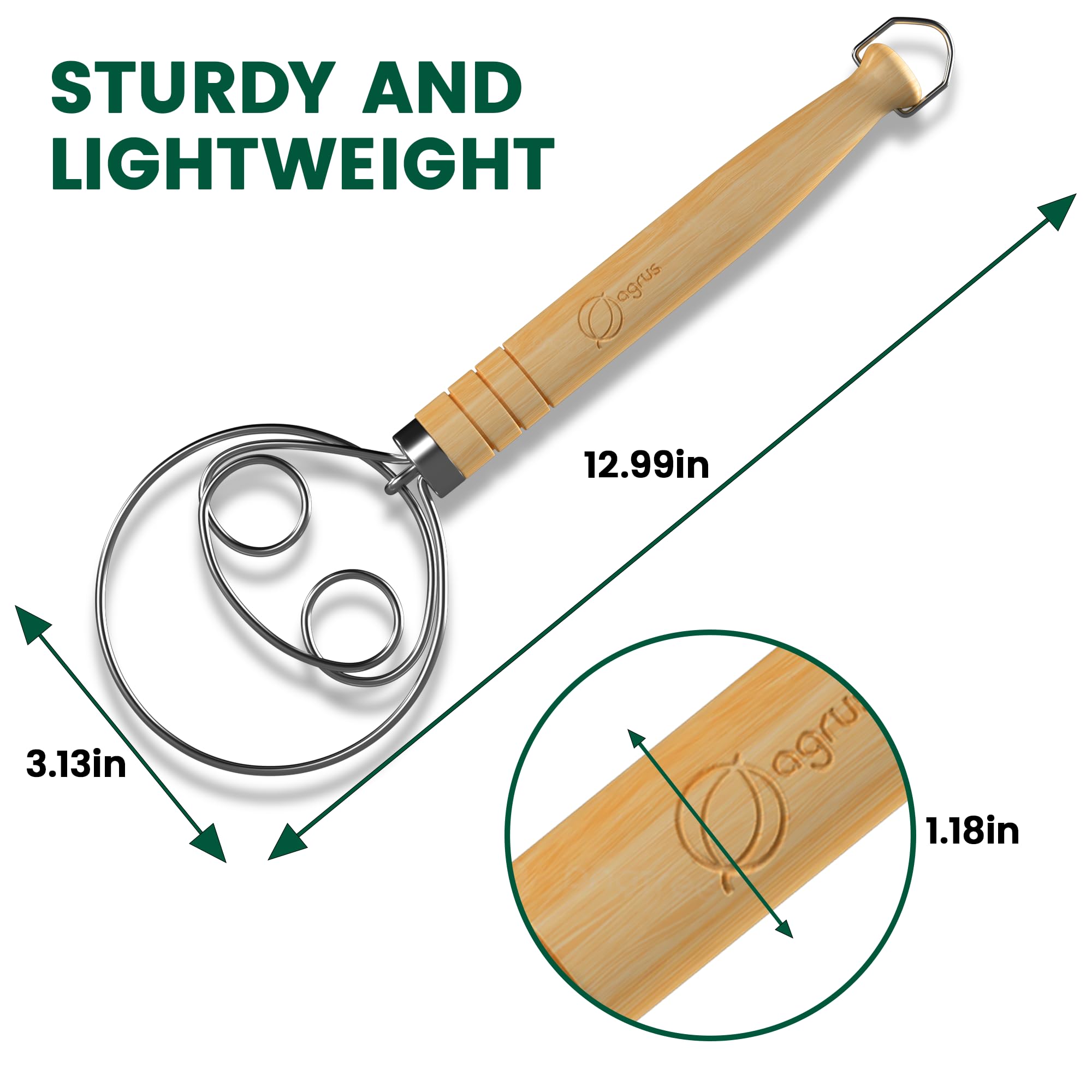 Premium Danish Dough Whisk for Bread Baking - Ergonomic Long Wooden Handle Mixing Tool - Perfect for Homemade Sourdough, Pizza Dough & Pastry Making