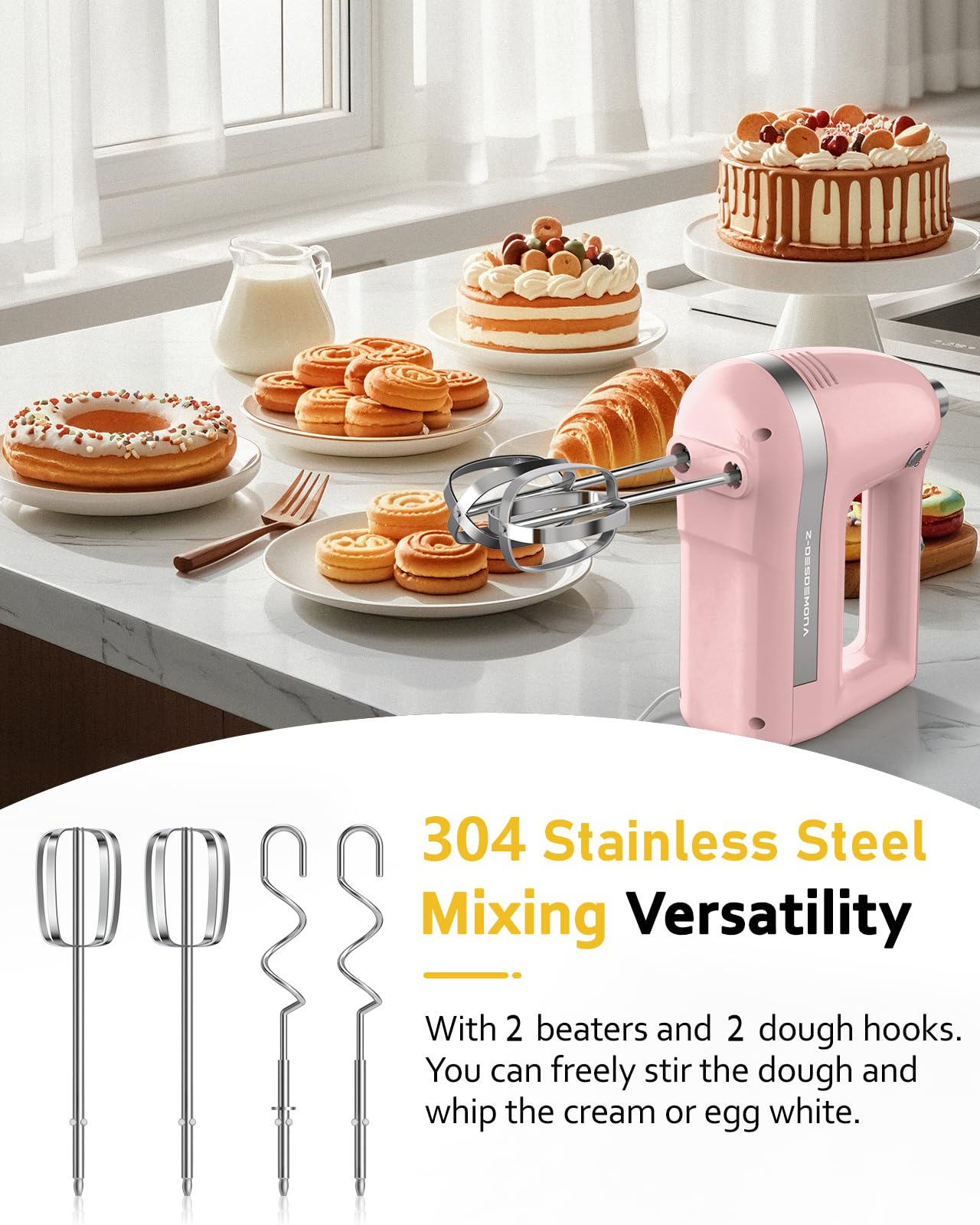 300W Powerful Electric Hand Mixer with 304 Stainless Steel Beaters & Dough Hook - Turbo Speed Handheld Mixer for Baking Cakes, Whipping Cream, Mixing Eggs - Perfect for Home Kitchen, Professional Baking & Dessert Making (Pink)