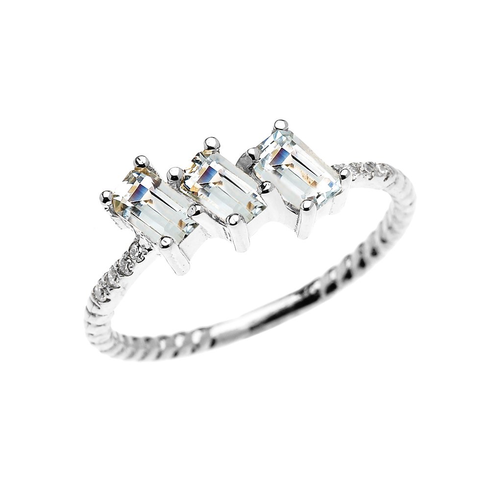 10K White Gold Diamond & Three Stone Emerald Cut Aquamarine Rope Ring - Elegant Dainty Jewelry for Women, Perfect for Engagement, Anniversary, Valentine's Day Gifts & Everyday Wear