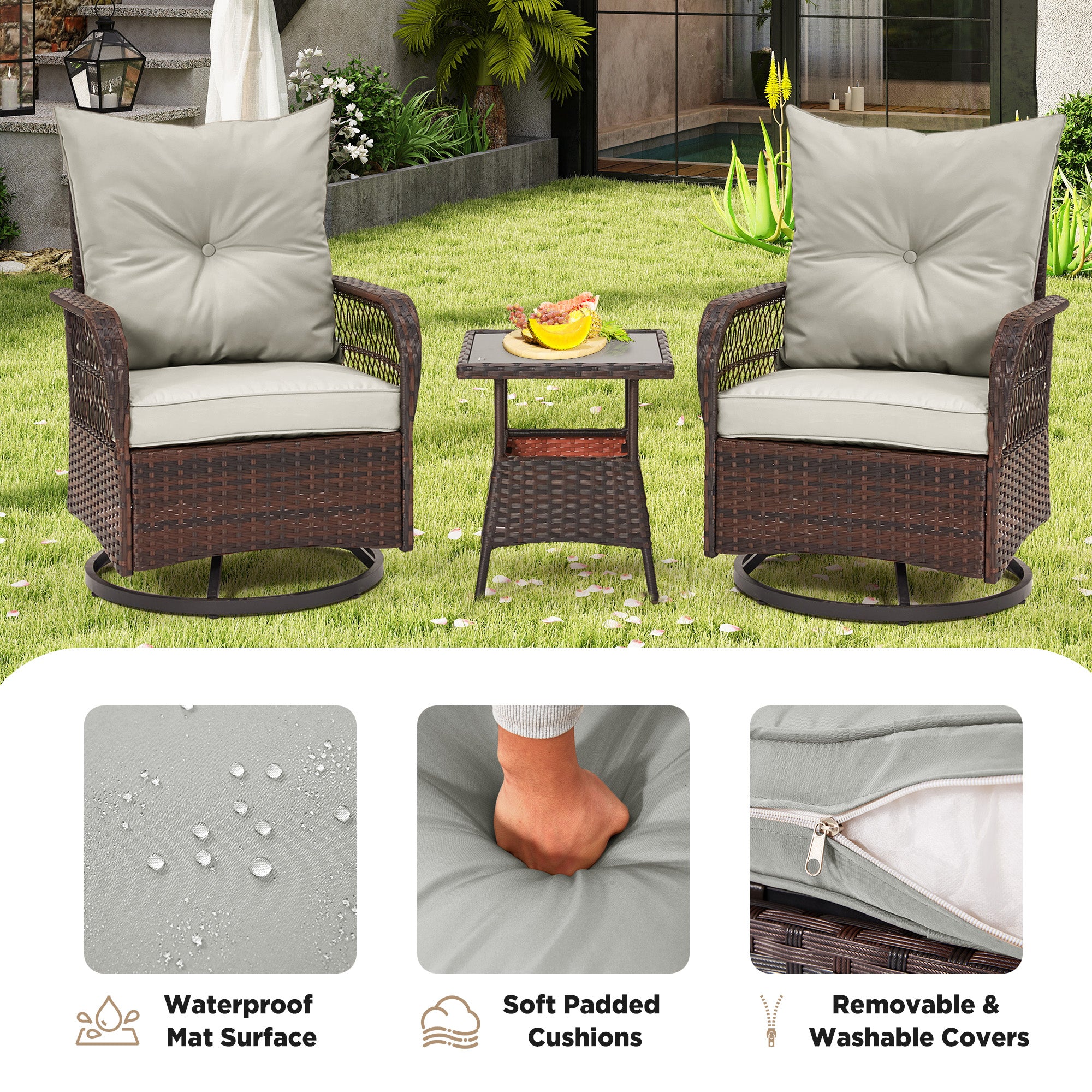 EROMMY 3-Piece Patio Furniture Set - Gray Rattan Swivel Rocking Chairs with Coffee Table for Outdoor, Garden, Poolside & Backyard Relaxation