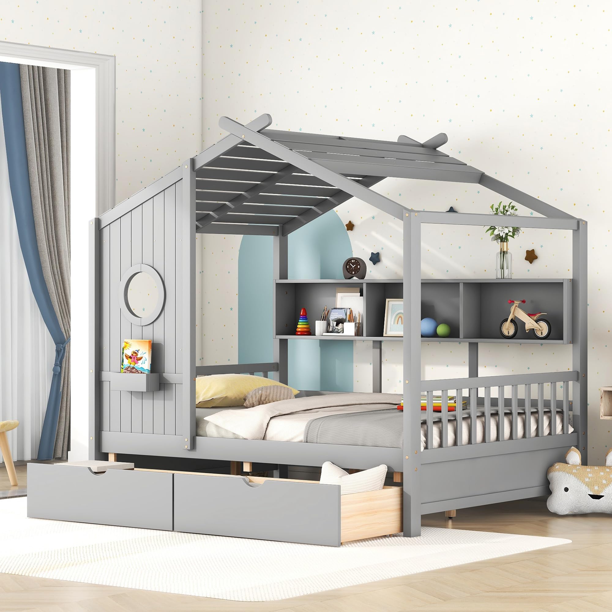MERITLINE Full Size House Bed for Kids - Wooden Bed Frame with 2 Storage Drawers, Built-in Shelf & Slat Support - No Box Spring Needed - Grey - Perfect for Kids' Bedroom, Playroom & Small Space Organization