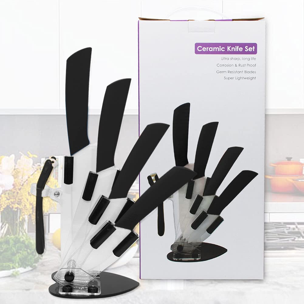Premium 5-Piece Ceramic Knife Set with Block Stand - Ultra Sharp Black Kitchen Knives Including Chef, Utility, Vegetable & Bread Knives - Anti-Slip Ergonomic Handles for Safe Cutting - Perfect for Slicing Meat, Chopping Vegetables & Food Prep