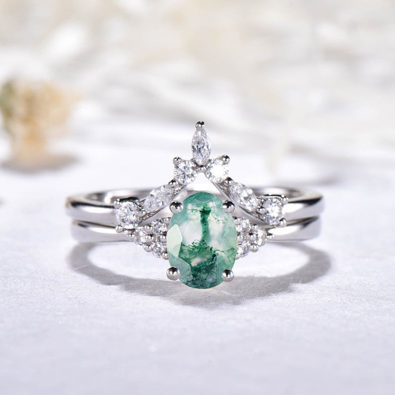 14K White Gold Moss Agate and Diamond Wedding Ring Set for Women - Elegant Bridal Jewelry for Engagement, Anniversary & Special Occasions