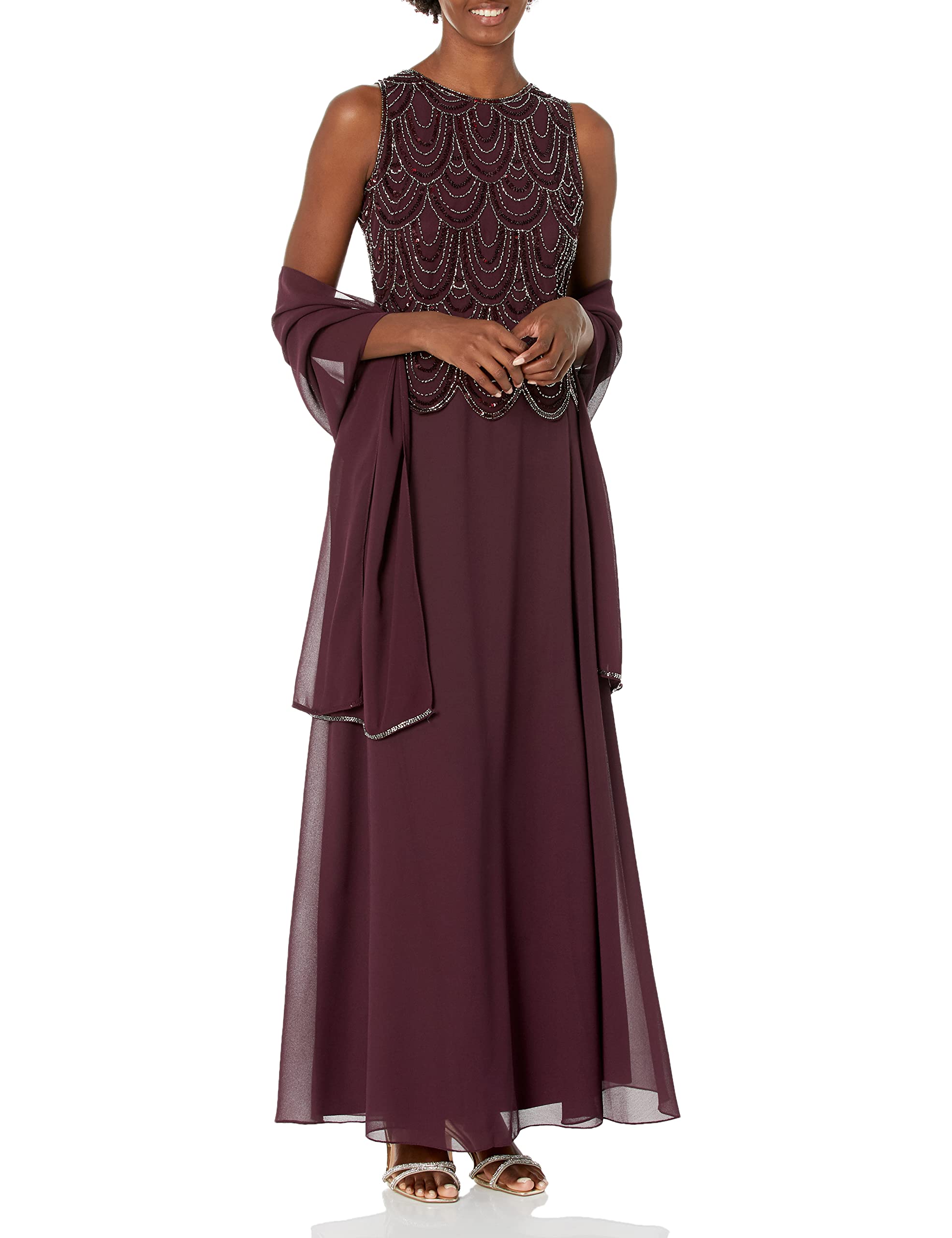 J Kara Women's Sleeveless Beaded Long Dress with Scarf - Elegant Summer Maxi Dress for Beach Wedding, Party & Vacation