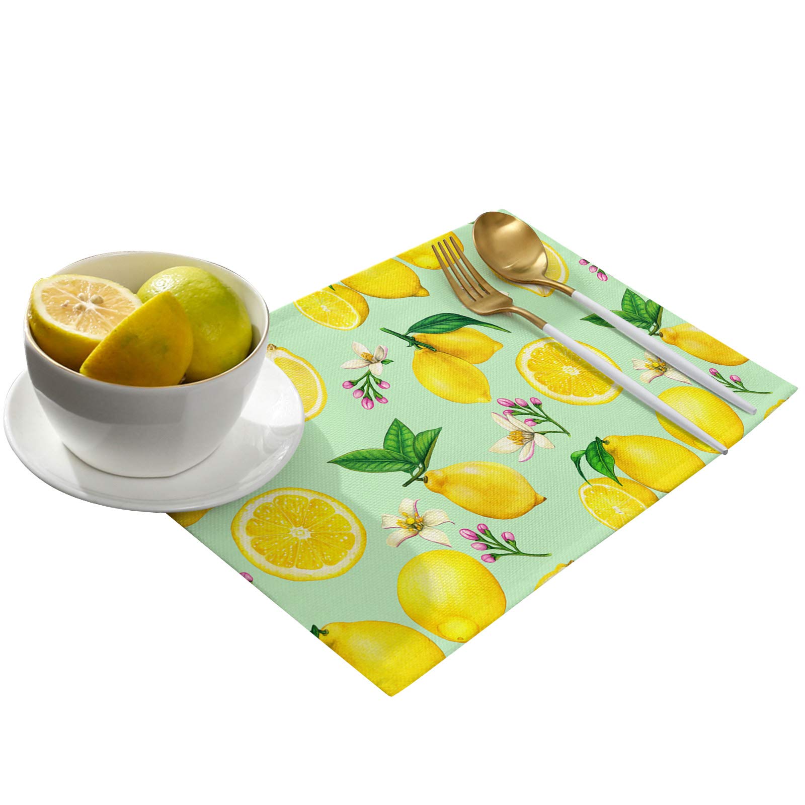 4-Pack Summer Lemon Blossom Placemats - Heat Resistant Washable Table Mats for Kitchen & Dining Room - Citrus Fruit Decor for Indoor/Outdoor Use - Perfect for Parties, Picnics & Daily Dining