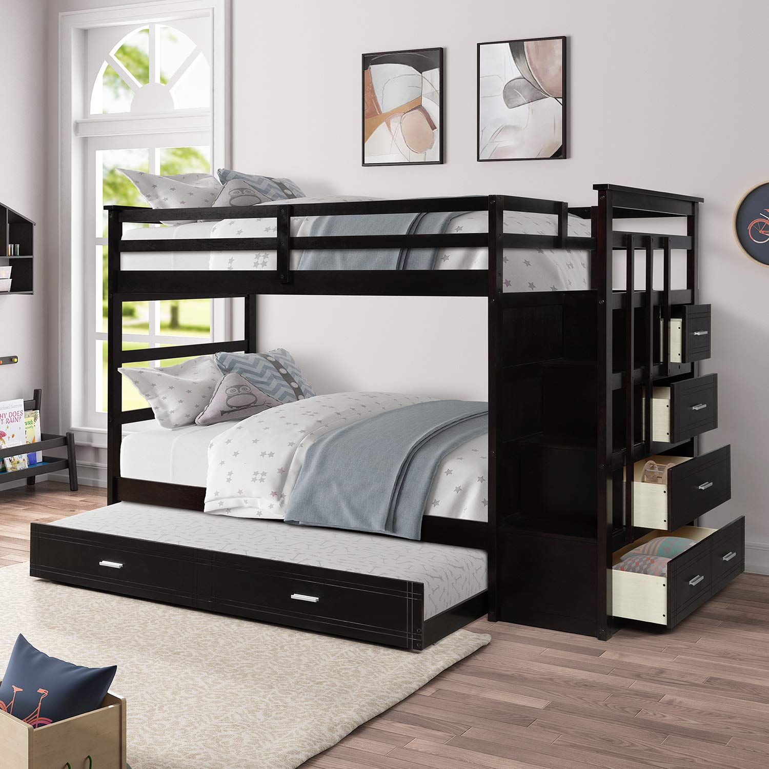 **Twin Over Twin Bunk Bed for Kids - Solid Wood Bunk Bed Frame with Trundle, Staircase, 4 Storage Drawers & Guardrails - No Box Spring Needed (Espresso + Trundle + Twin) - Perfect for Small Bedrooms, Guest Rooms & Kids' Shared Spaces**