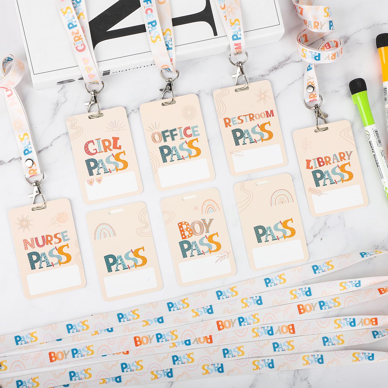 Boho Hall Passes for Classroom - 8 PVC Lanyards for School, Office & Nurse