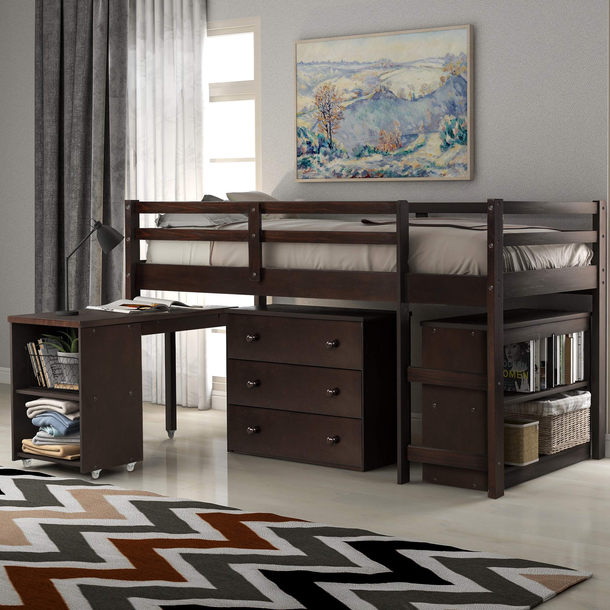 KLMM Kids Loft Bed with Rolling Desk, Storage Shelf, Guard Rail & Drawers - Twin Size Space-Saving Bed for Small Bedroom, Dorm or Apartment (Espresso Finish) - Perfect for Study, Sleep & Organization in Compact Spaces