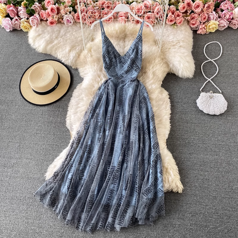 Vintage Letter Printed Mesh Spaghetti Strap A-Line Summer Dress - Perfect for Beach Vacations, Date Nights & Casual Outings