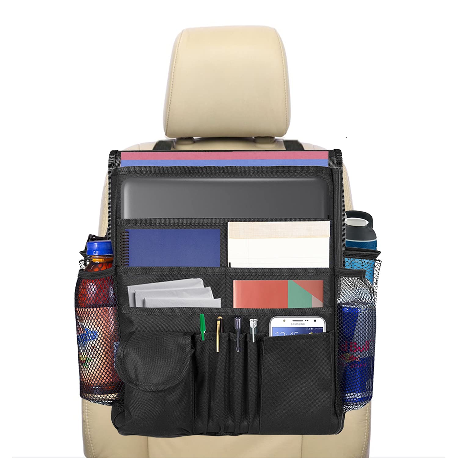 Lebogner Car Organizer - Front Seat Storage Organizer with Large Secured Pockets | Travel & Office Car Accessories for Adults & Kids | Perfect for Road Trips, Commuting & Family Travel