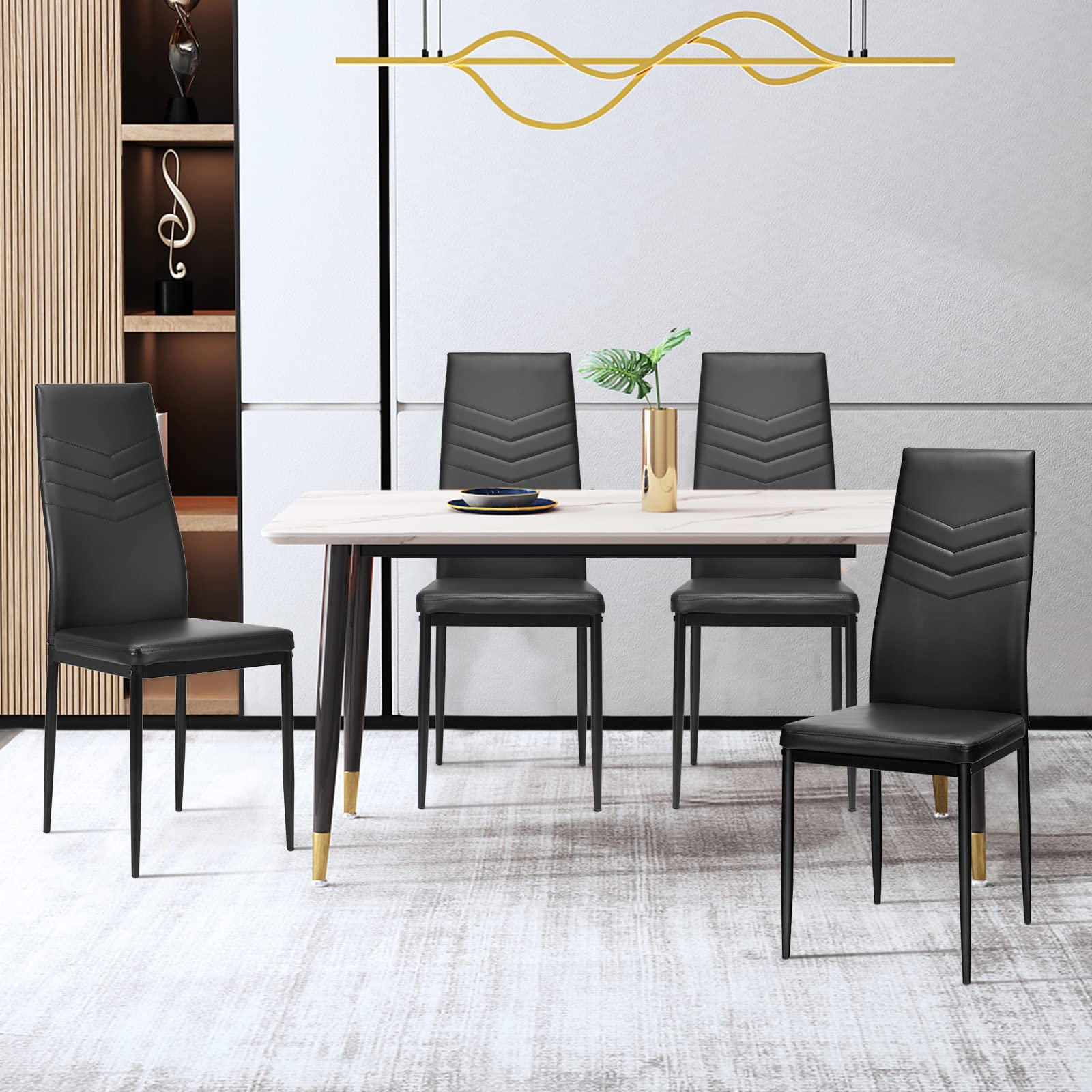 ERGOMASTER Modern Dining Chairs Set of 4 - Black PVC Upholstered Leather Padded Side Chairs with Sturdy Metal Legs & Non-Slip Feet for Dining Room, Kitchen, Living Room & Office