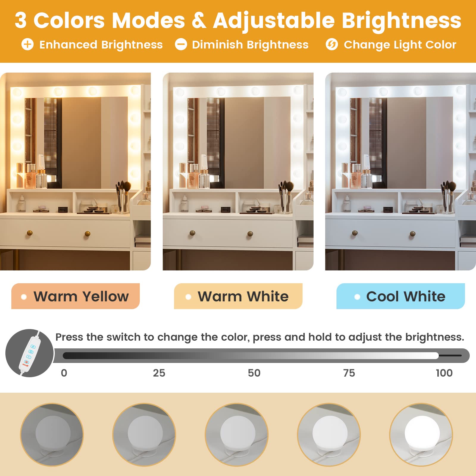 VIAGDO White Vanity Desk with Mirror and LED Lights - Makeup Dressing Table with USB Charging Station, 3 Storage Compartments & Drawers - Bedroom Vanity Desk for Women with Open Shelves - Perfect for Makeup Organization, Skincare Routine and Small Space Bedrooms