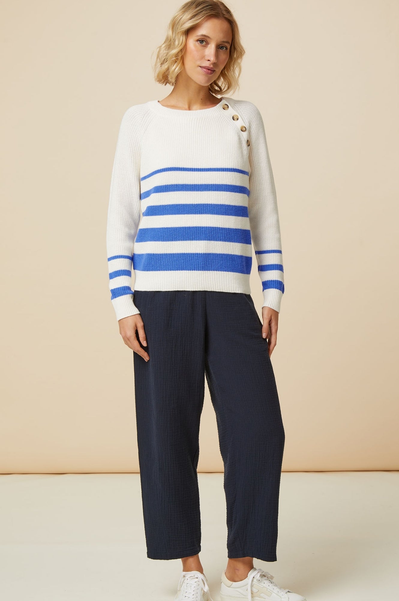 Rhia Stripe Ivory and Blue Jumper - Stylish Knit Sweater for Women | Perfect for Casual Outings, Office Wear, and Fall Fashion