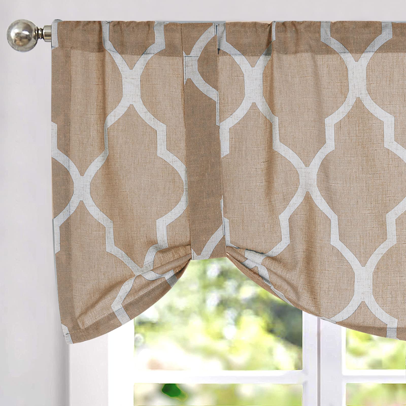 JINCHAN Geometric Tie Up Valance Curtains - Flax Linen Textured Window Drapes with Adjustable Tie-up Shades | Morocco Lattice Design | 1 Panel Rod Pocket (18 Inch, Taupe on Beige) | Perfect for Kitchen, Living Room & Bedroom Windows
