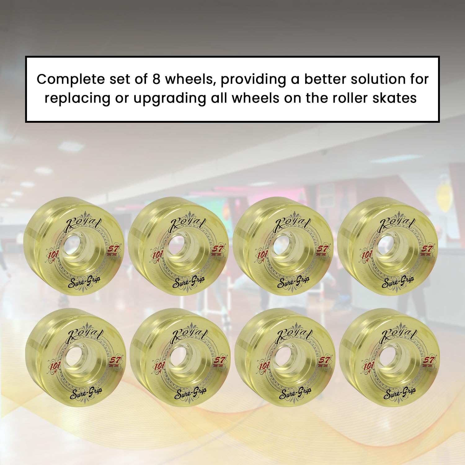 Sure-Grip Royal Indoor Roller Skate Wheels - 101A Hardness, 57mm Diameter & 31mm Width for Fast Response - Premium Urethane Material - Made in USA (Set of 8) - Perfect for Indoor Rinks, Roller Derby & Artistic Skating
