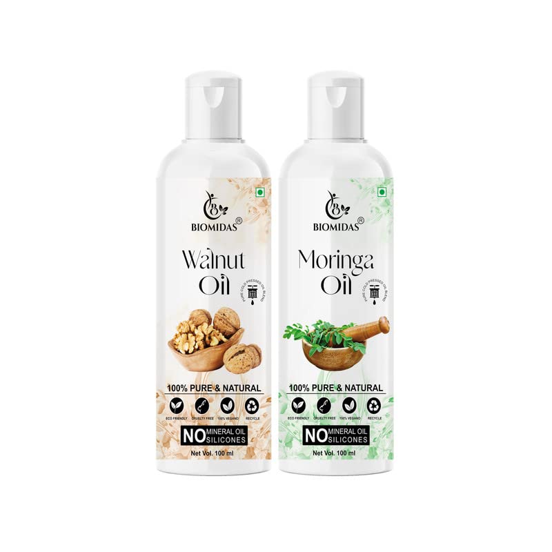 Biomidas 100% Pure Walnut Oil & Moringa Oil Combo (100ML Each) - Natural Hair Growth Treatment for Anti Hair Fall, Split Ends Repair, Softer & Shinier Hair | Pack of 2 | Perfect for Daily Hair Care & Scalp Massage