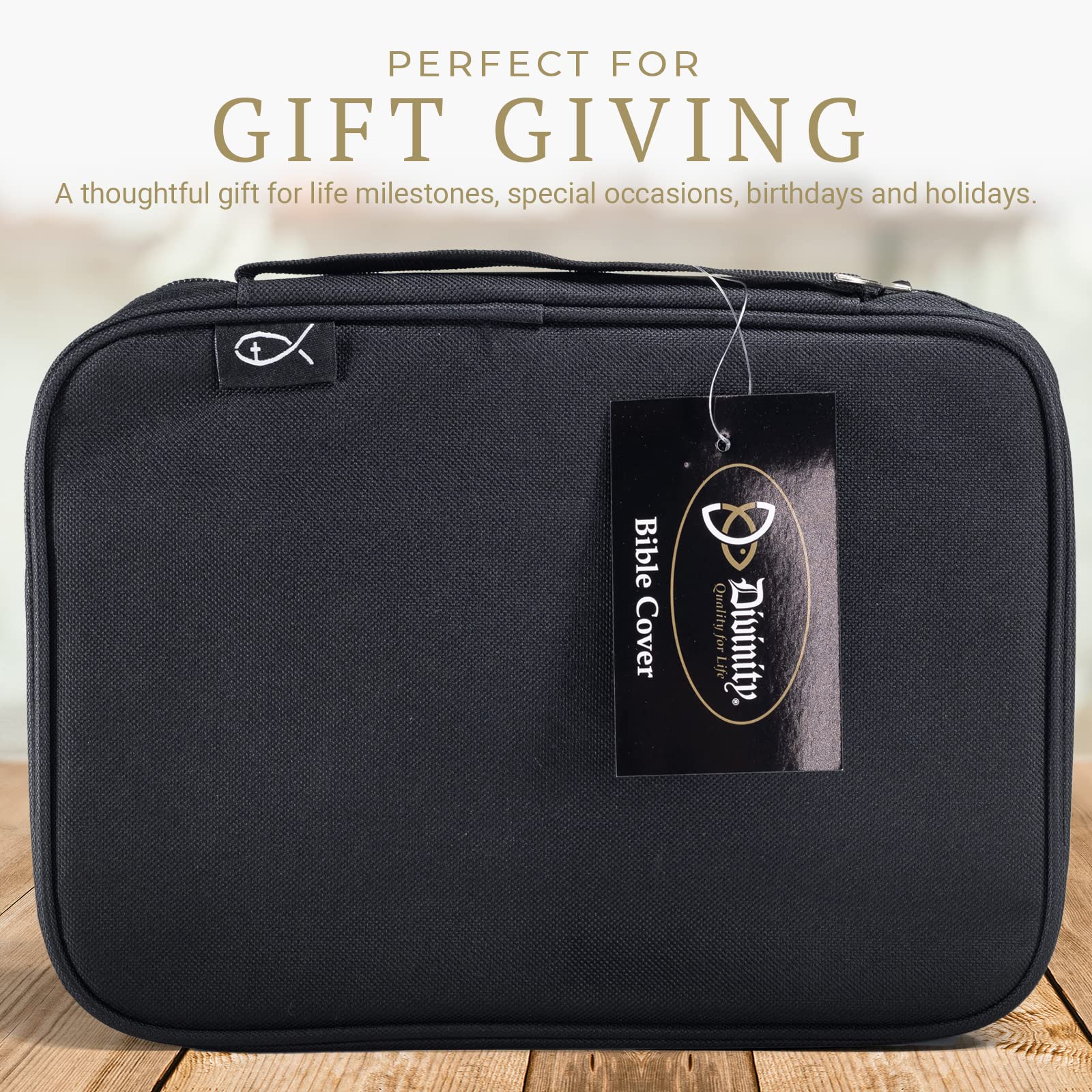 Divinity Canvas Bible Cover - Black Zippered Case with Pockets for Men & Women - Fits 8.25