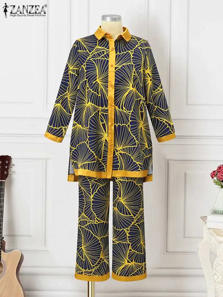 ZANZEA Women's Retro Printed 2-Piece Pant Set - Long Sleeve Lapel Shirt & Elegant Trousers Outfit | 2023 Fashion Tracksuit for Holiday & Casual Wear