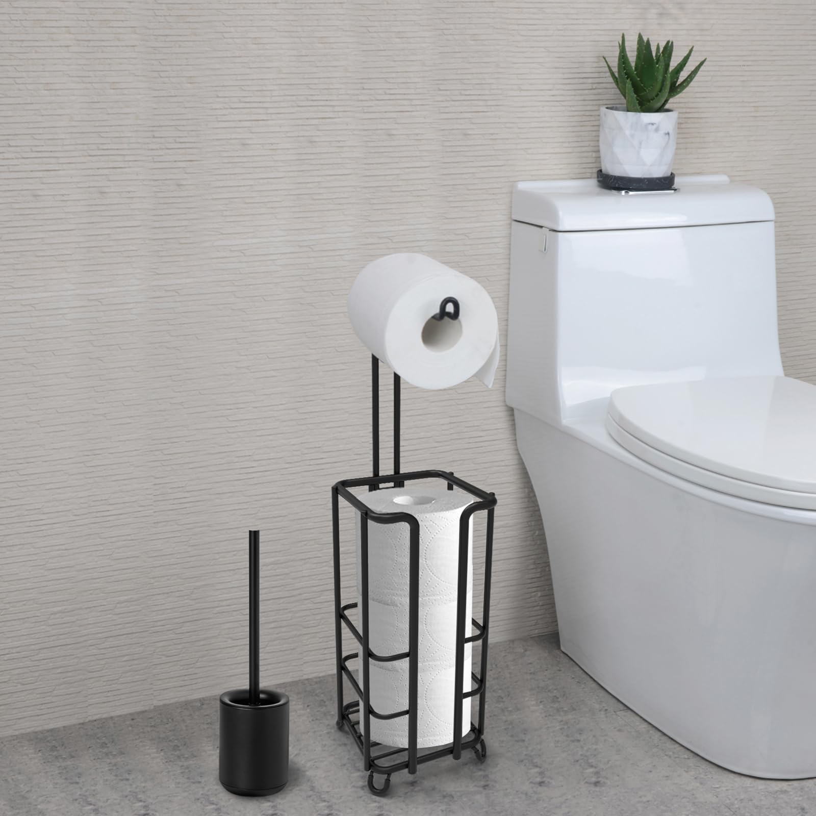 Free Standing Toilet Paper Holder Stand with Toilet Brush Set - Black Bathroom Tissue Roll Dispenser for Home, Office & RV Use