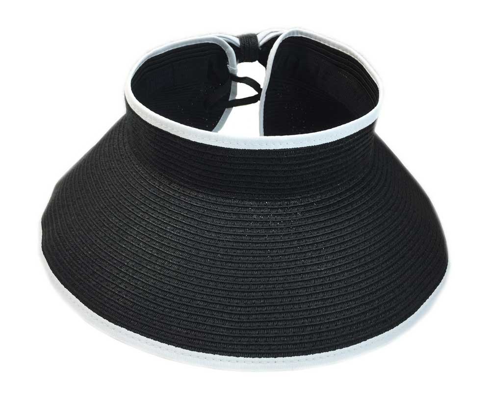 Straw Roll Up Sun Visor Hat with Bow - UPF Sun Protection for Women, Foldable Travel Beach Hat for Outdoor Sports, Hiking & Summer Vacations (Black)