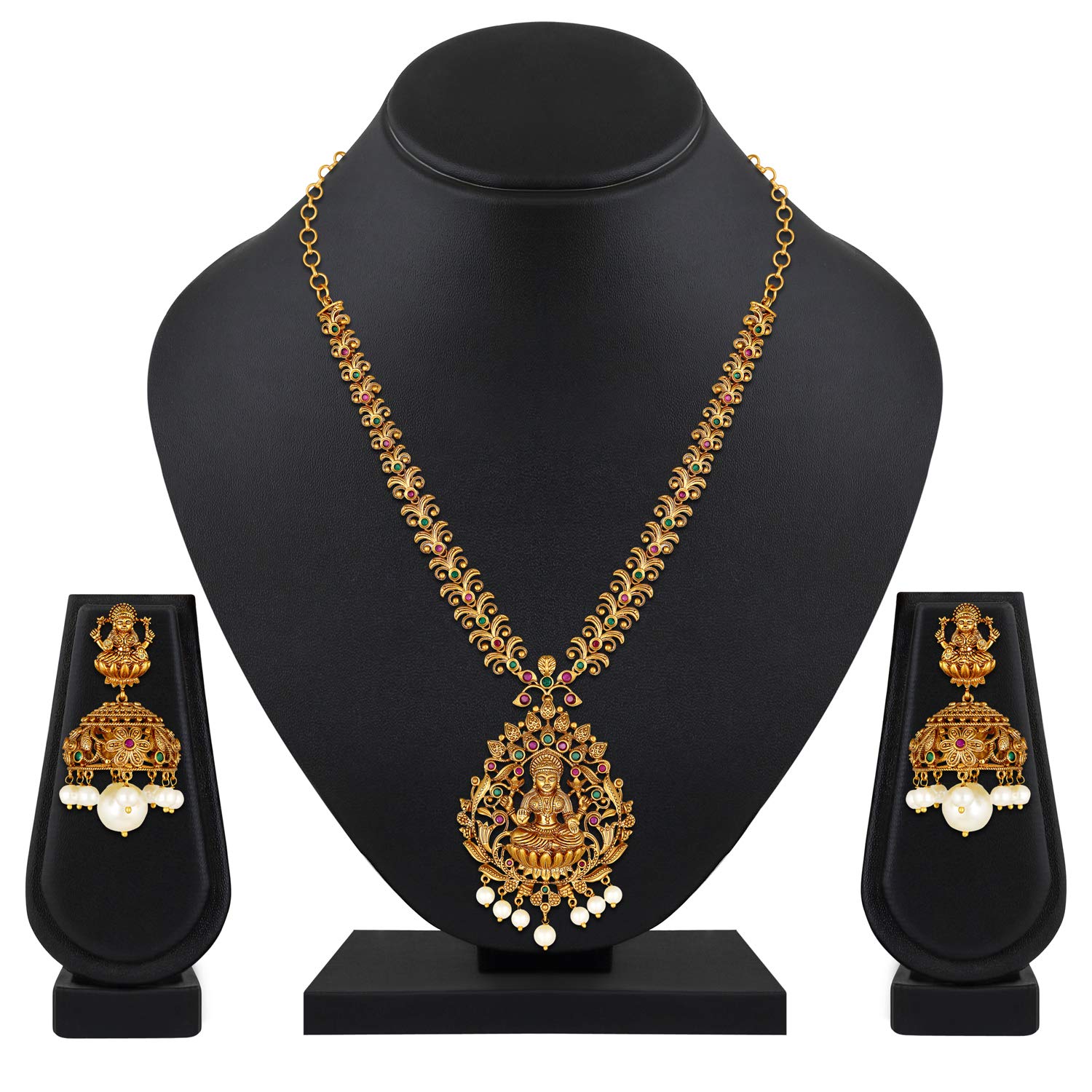 South Indian Traditional CZ Jewelry Set - Designer Necklace & Earrings for Women | Bollywood Ethnic Wedding Jewelry | Goddess Lakshmi Green Bridal Jewelry for Weddings, Parties & Festive Occasions