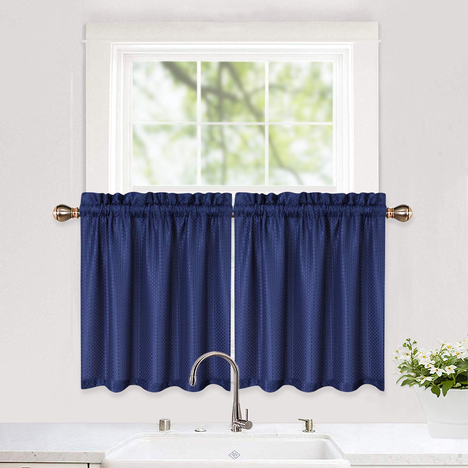 Haperlare 24 Inch Waffle Weave Cafe Curtains - Water Resistant Rod Pocket Short Window Curtains Set of 2 (30