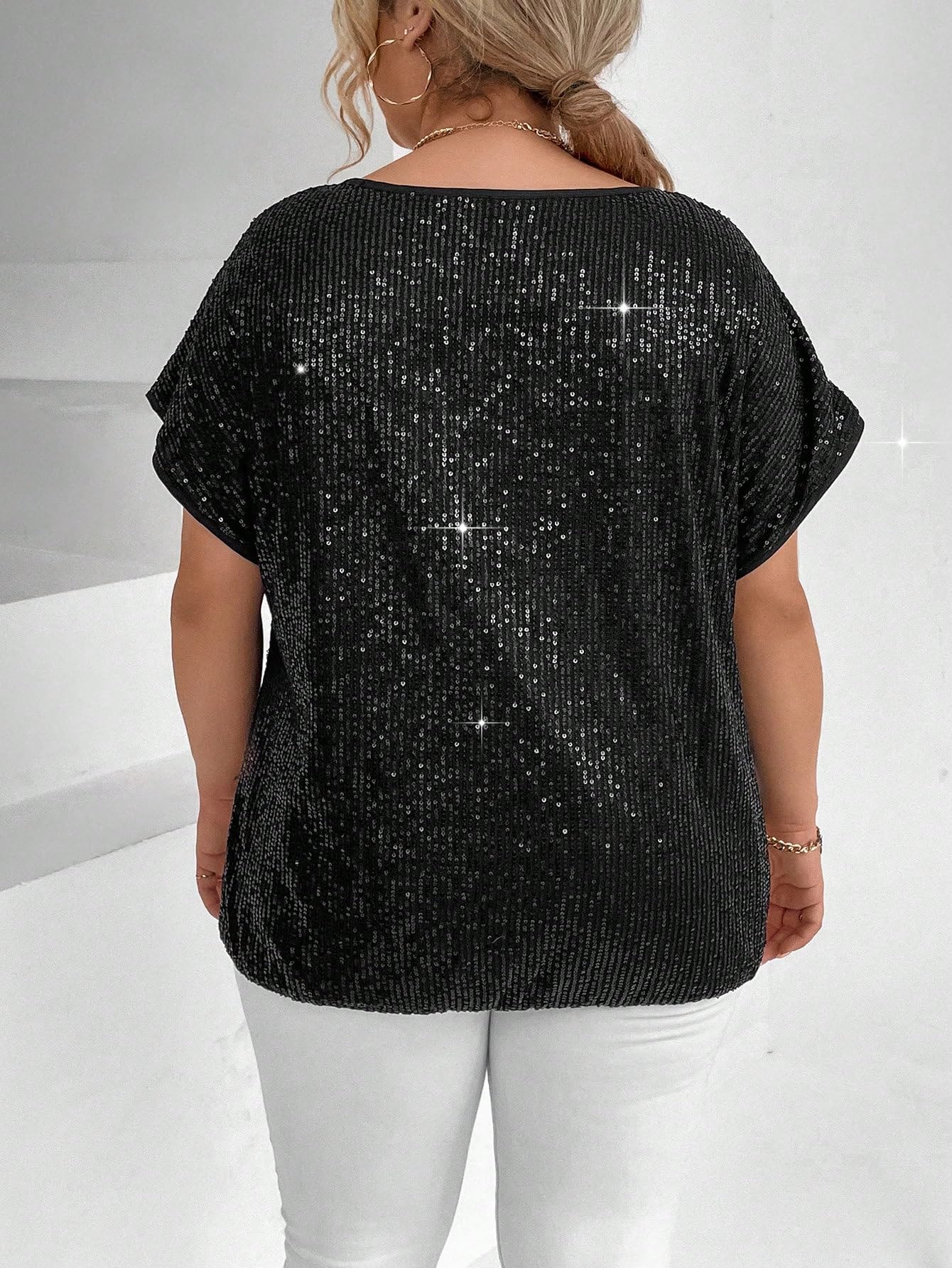 WDIRARA Women's Plus Size Sequin Sparkly Dolman Short Sleeve T-Shirt - Glam Party Top for Night Out, Club Wear & Special Occasions