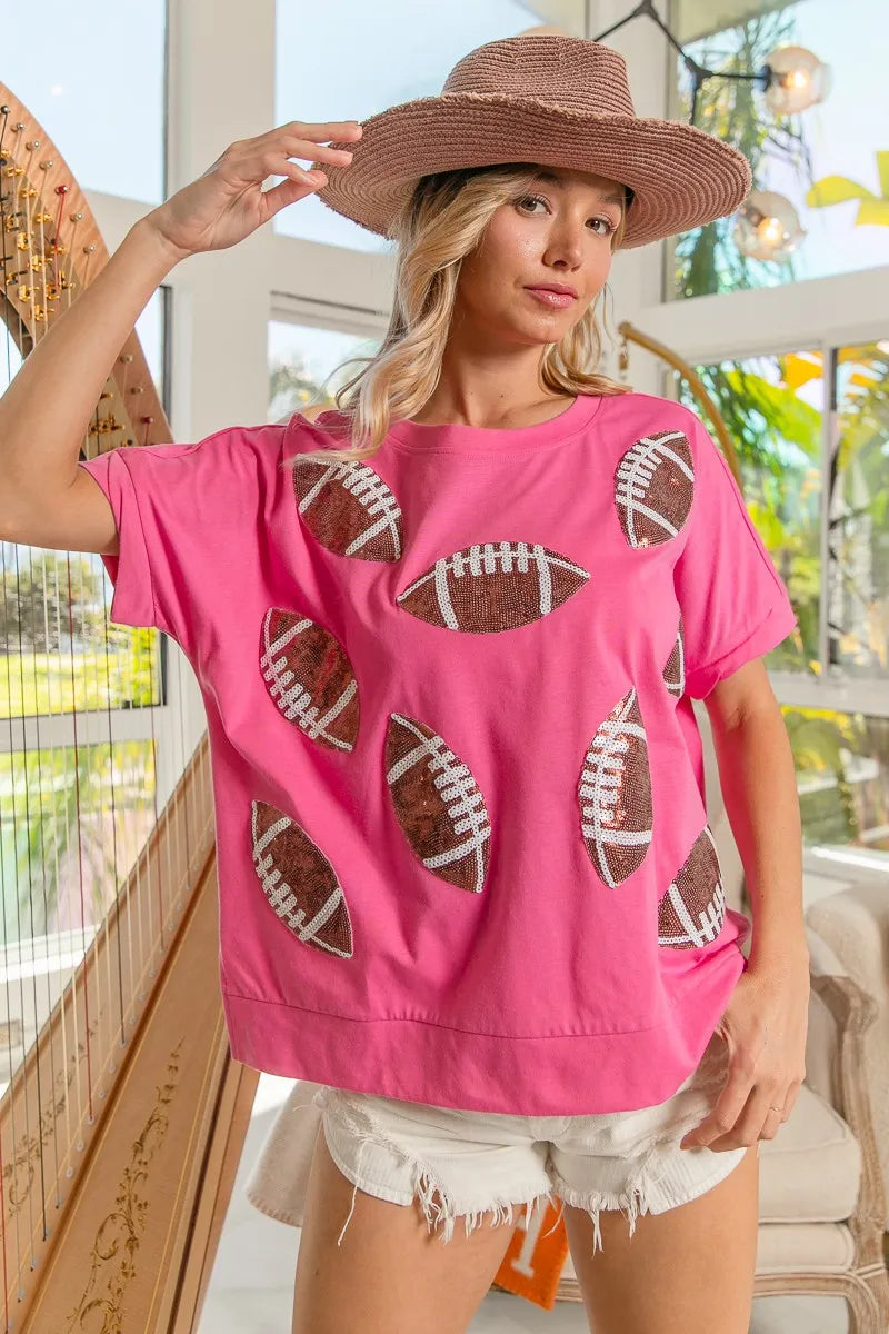 BiBi Game Day Sequins Patched Half Sleeves Top for Women | Sparkling Party & Sports Event Outfit | Perfect for Football Games, Concerts & Night Out